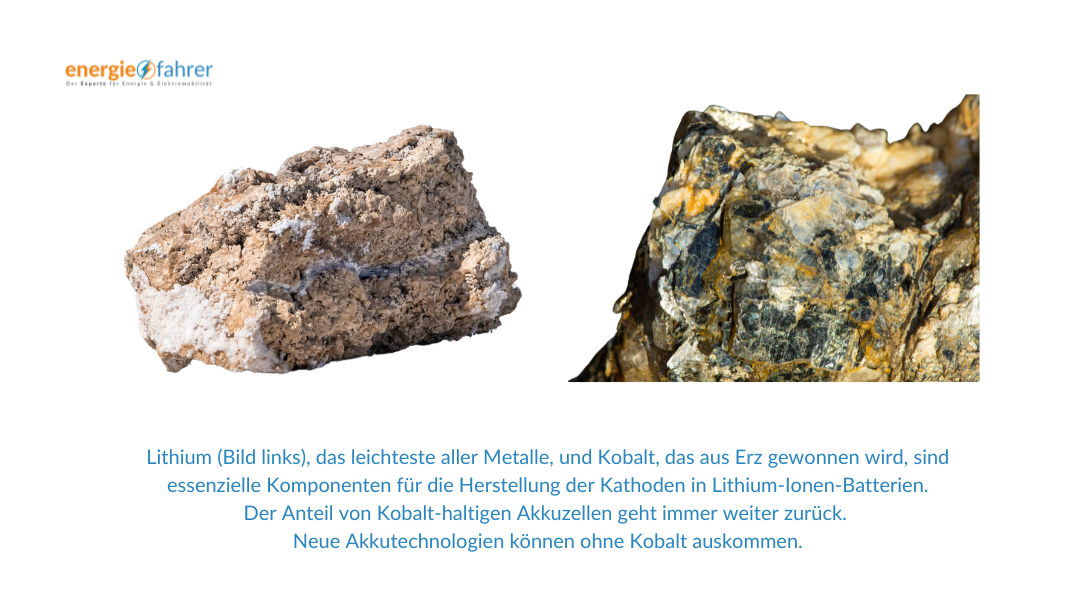 Lithium (Bild links), das leichteste aller Metalle, und Kobalt, das aus Erz gewonnen wird, sind essenzielle Komponenten für die Herstellung der Kathoden in Lithium-Ionen-Batterien. Der Anteil von Kobalt-haltigen Akkuzellen geht immer weiter zurück. Neue Akkutechnologien können ohne Kobalt auskommen.