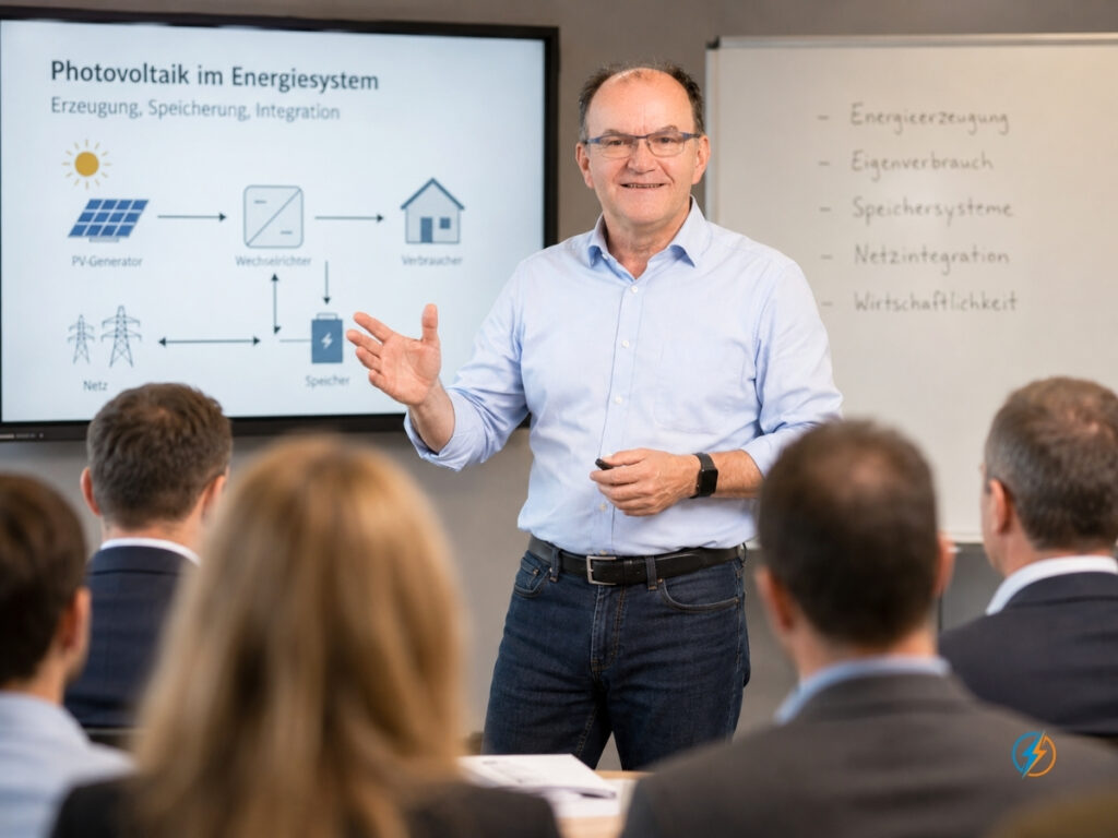 Harald M. Depta erklärt im Seminar Photovoltaik im Energiesystem