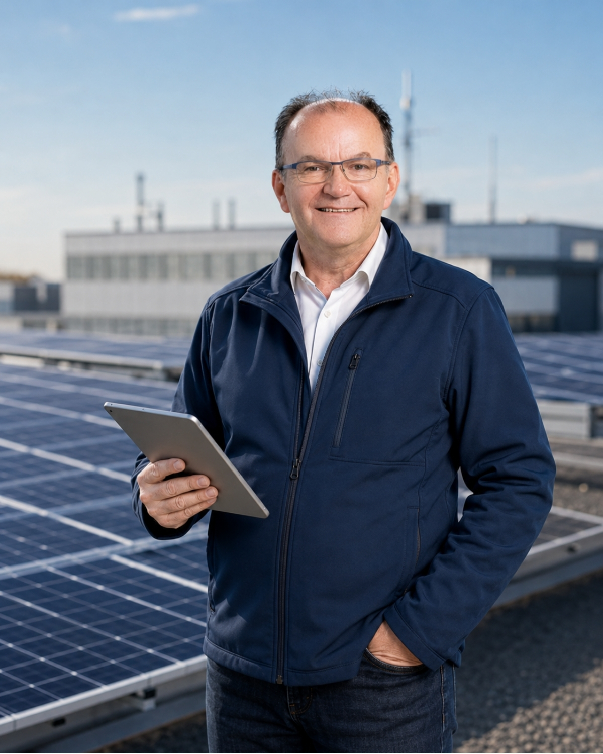 Harald M. Depta, unabhängiger PV-Projektplaner und IAB-Angebotsprüfer, vor einer Photovoltaik-Anlage – energiefahrer.de