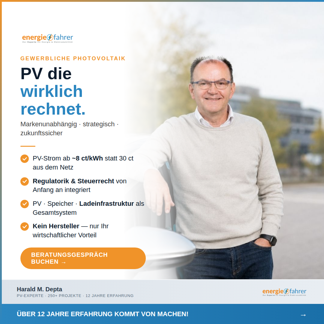 Viele Unternehmen investieren in PV — und lassen dabei erhebliches Potenzial liegen. Weil das Gesamtsystem nicht zu Ende gedacht wird: Regulatorik, Steuerrecht, Sektorkopplung und Wirtschaftlichkeit gehören zur Planung — nicht zum Nachdenken danach.