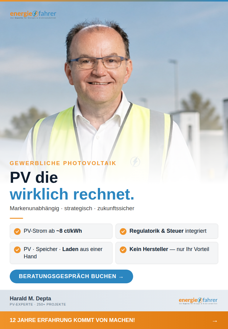 Viele Unternehmen investieren in PV — und lassen dabei erhebliches Potenzial liegen. Weil das Gesamtsystem nicht zu Ende gedacht wird: Regulatorik, Steuerrecht, Sektorkopplung und Wirtschaftlichkeit gehören zur Planung — nicht zum Nachdenken danach.