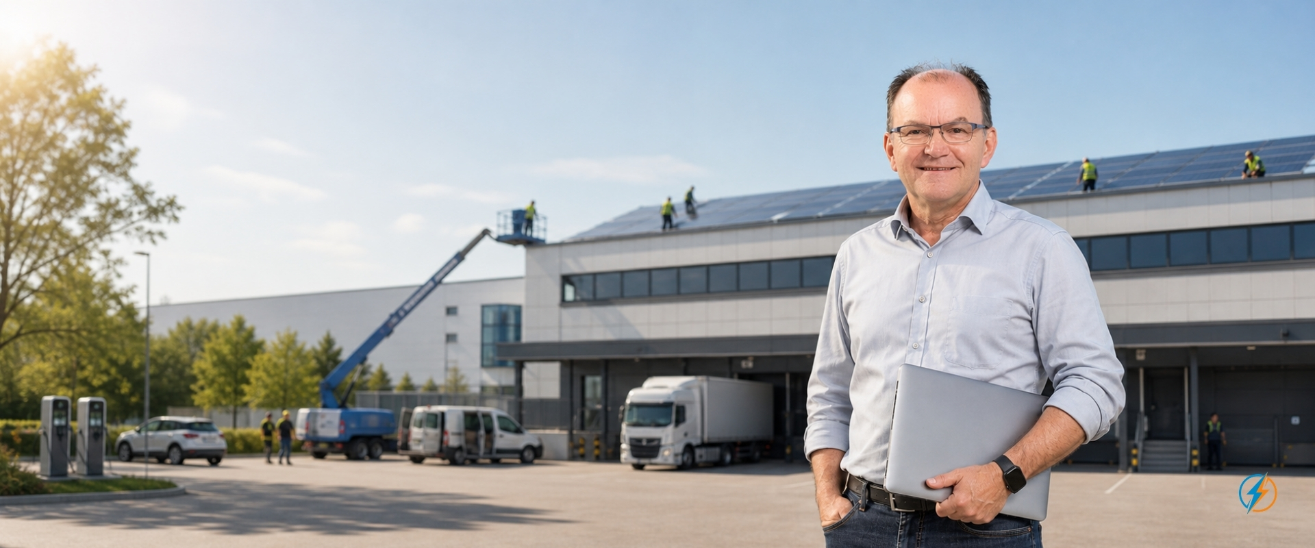Harald M. Depta vor einem Gewerbegebäude mit Photovoltaik auf dem Dach und Elektro-Lkw, energiefahrer.de