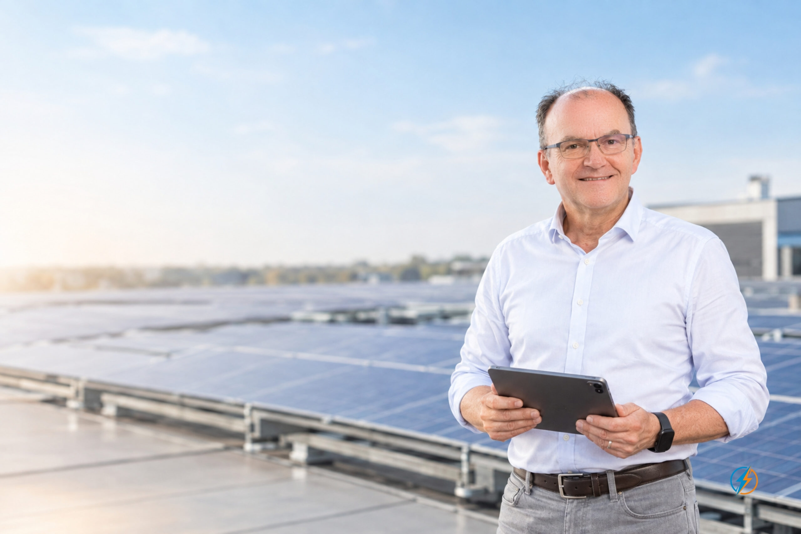 Harald M. Depta mit Tablet vor einer gewerblichen Photovoltaikanlage.