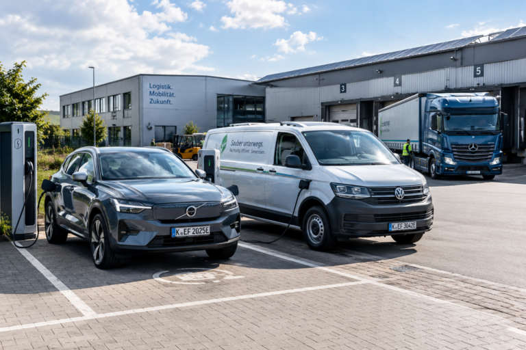 Pkw und Transporter an Ladepunkten auf einem Betriebshof mit Lkw und Photovoltaikanlage