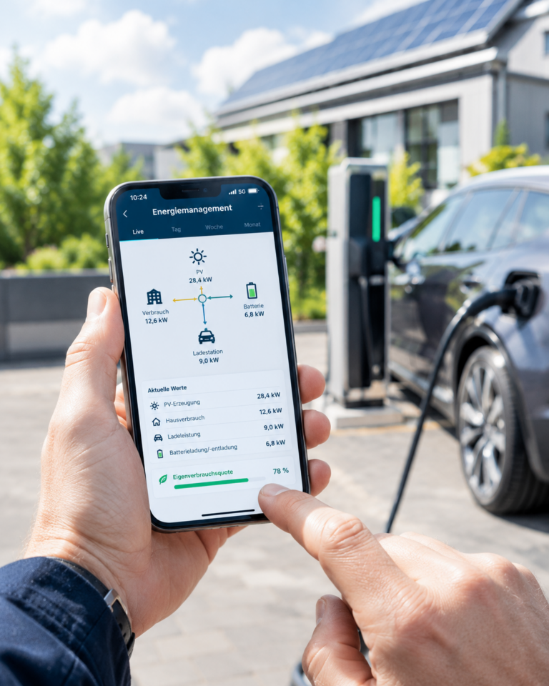 Smartphone mit Energiemanagement-App vor Ladesäule, Elektroauto und Gebäude mit Photovoltaik