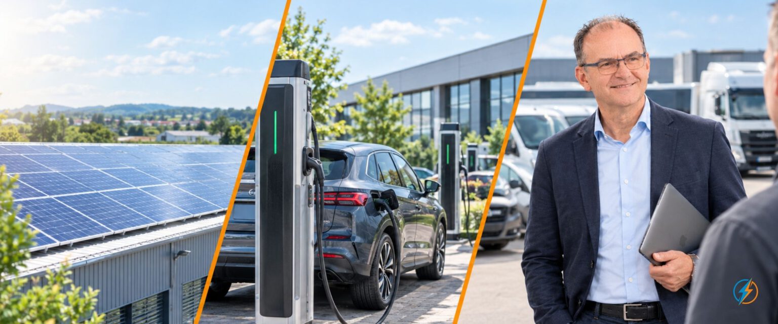 Harald M. Depta von energiefahrer.de im Kundengespräch, daneben Photovoltaik auf einem Gewerbedach und ein Elektroauto am Ladepunkt