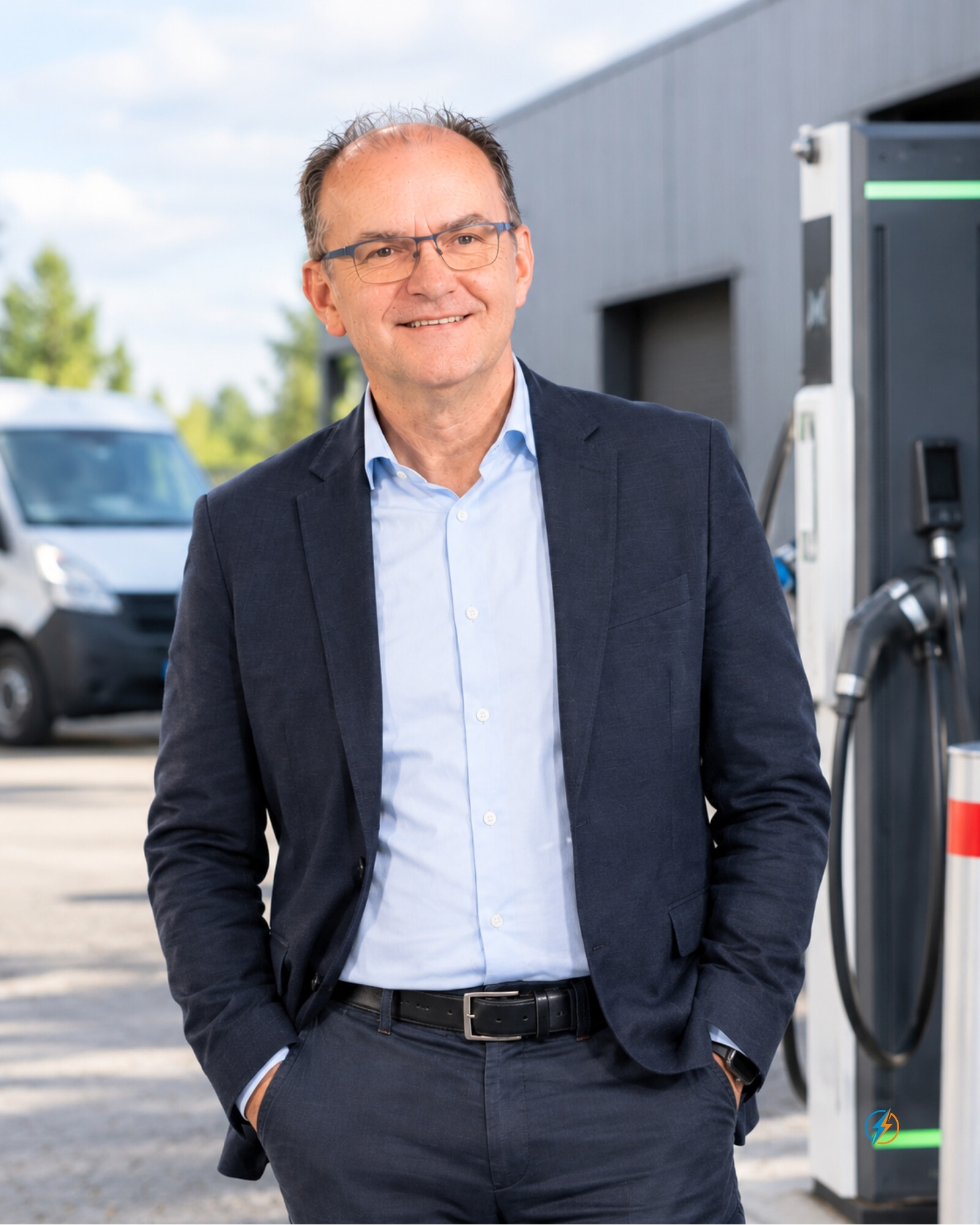 Harald M. Depta, unabhängiger Berater für Elektromobilität und Photovoltaik, an einer Ladesäule