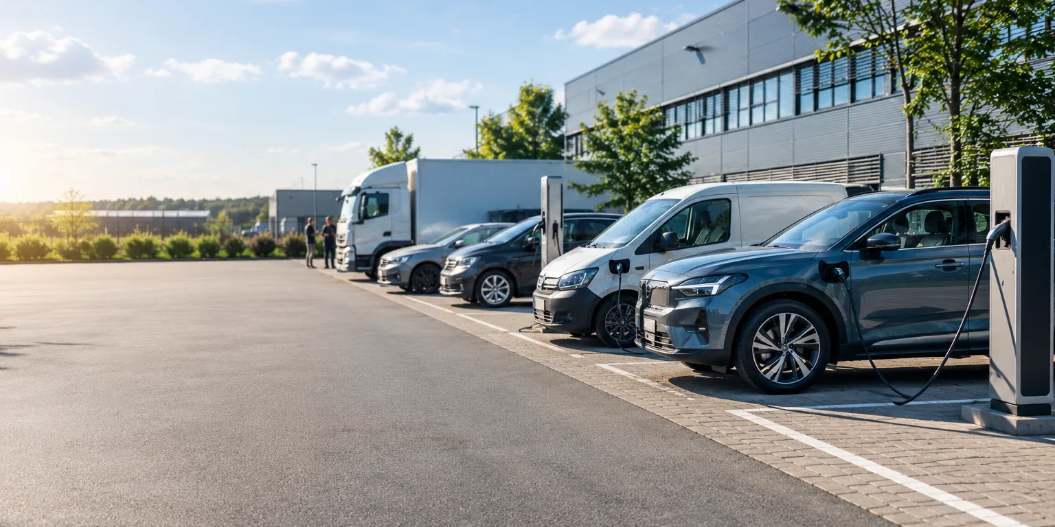 Betriebshof mit gemischtem Fuhrpark: Lkw, Transporter und Pkw, zwei Fahrzeuge laden an Ladesäulen